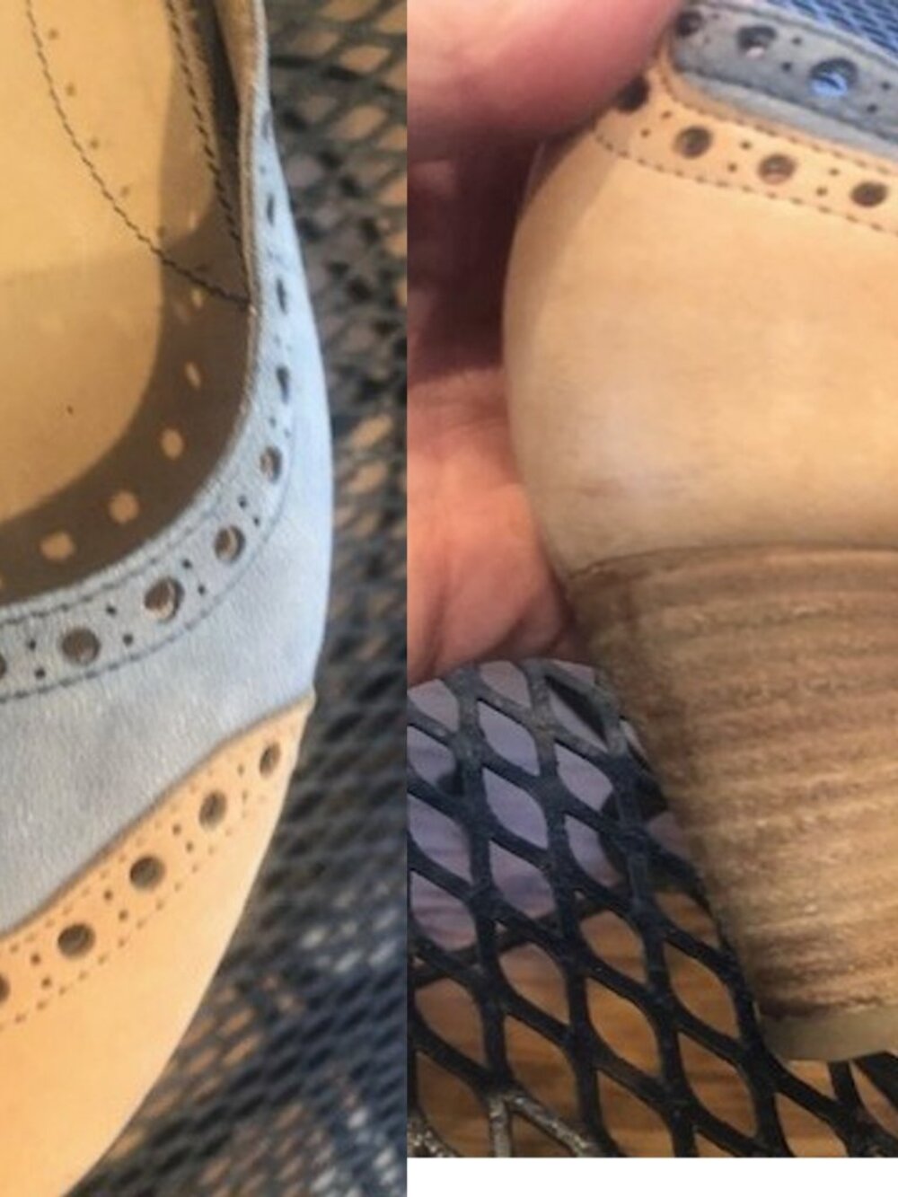 Italian SAX Yellow n Blue cutwork leather stacked heels, size 40 / 7.5-8.5 US